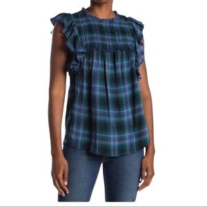 Lori Plaid Flutter Sleeve Babydoll Blouse In Lake Front by beachlunchlounge